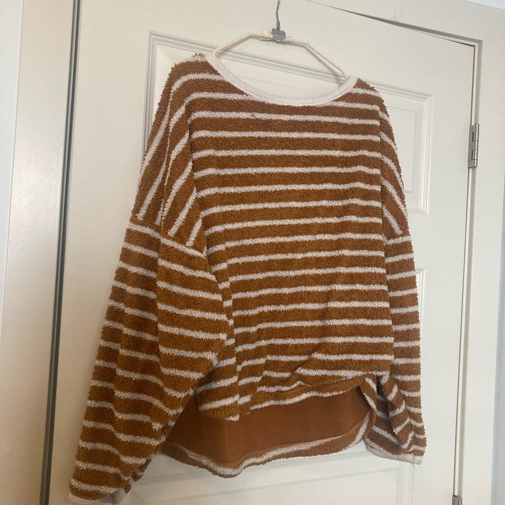 FP Movement by Free People Brown and White Striped Off-the-Shoulder Sweater